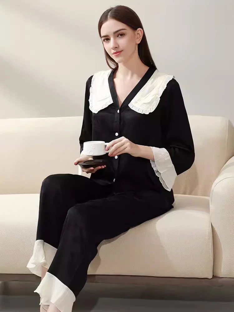 

Mulberry Silk Women Pajama Sets Ruffles Pants Babydoll Collar Korean Long Sleeve Pijama Spring Set 2 Pieces Pyjama Night Wear