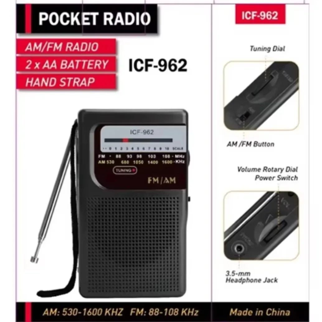 New Pocket Pointer Stereo Radio ICF-962 AM/FM Outdoor Radio Radio 2 x AA Battery Operated for Home Outdoor Camping Emergency Us