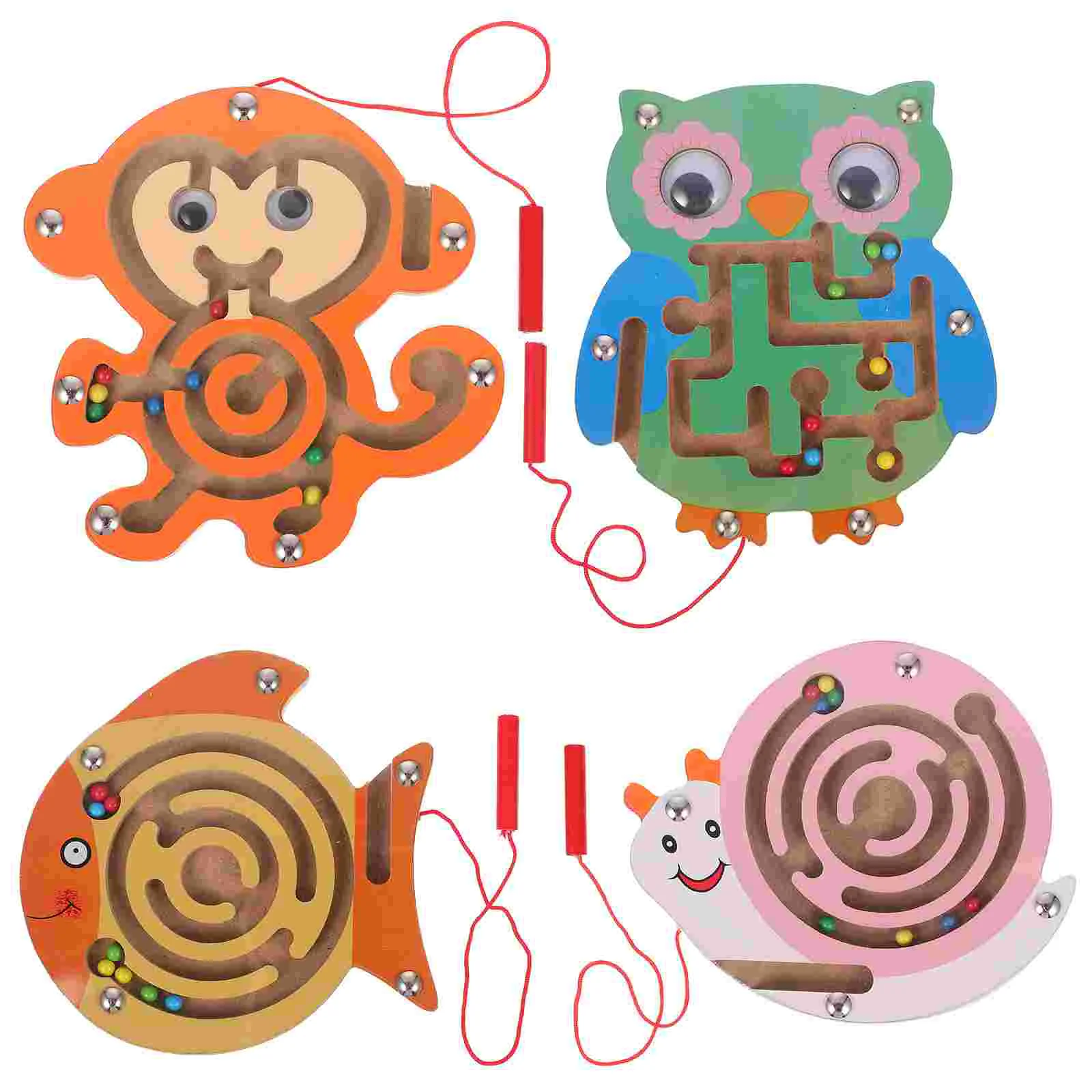 

4 Pcs Magnetic Bead Maze Toy Child Puzzle Board Games Wood Wooden Rolling Beads