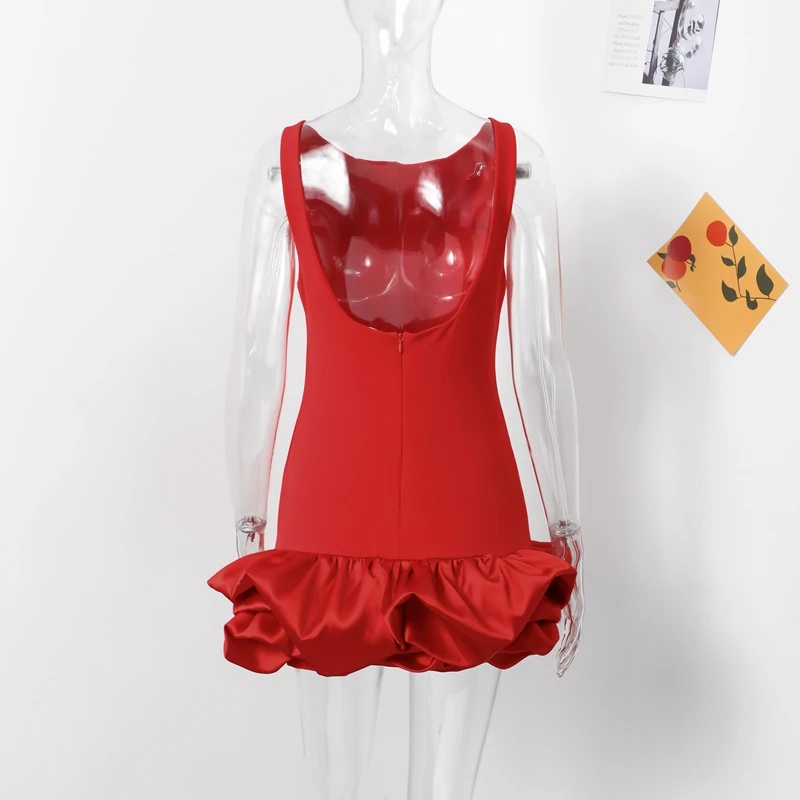 Elegant Sleeveless White Short Dress Women Slim O-neck Backless Ruffles Hem Party Evening Dresses Summer Lady Streetwear