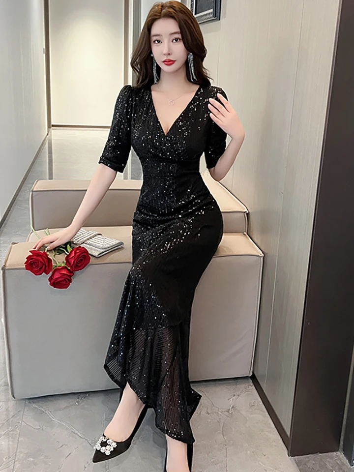 女性レッドスパンコール V ネックセクシーなフリルロングドレス 2025