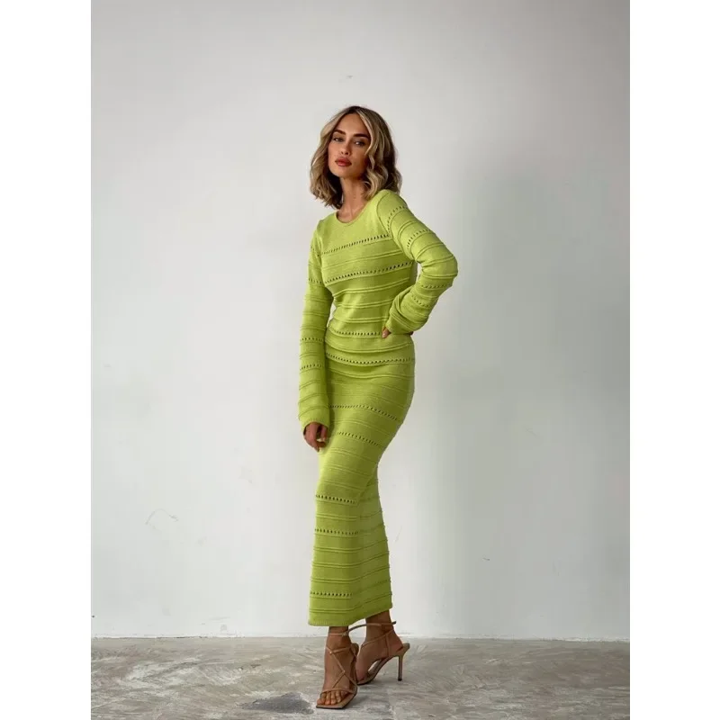 Striped Hollow Two-Wear Knitted Long Dress For Women Fashion Party Club Sweater Dress Vestido FemaleSlim Solid Outfits