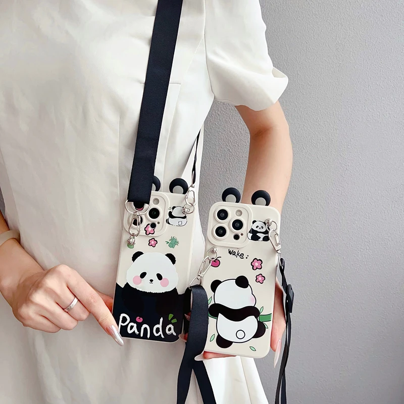 Universal Phone Case with Holder Rope and Ear Panda Design