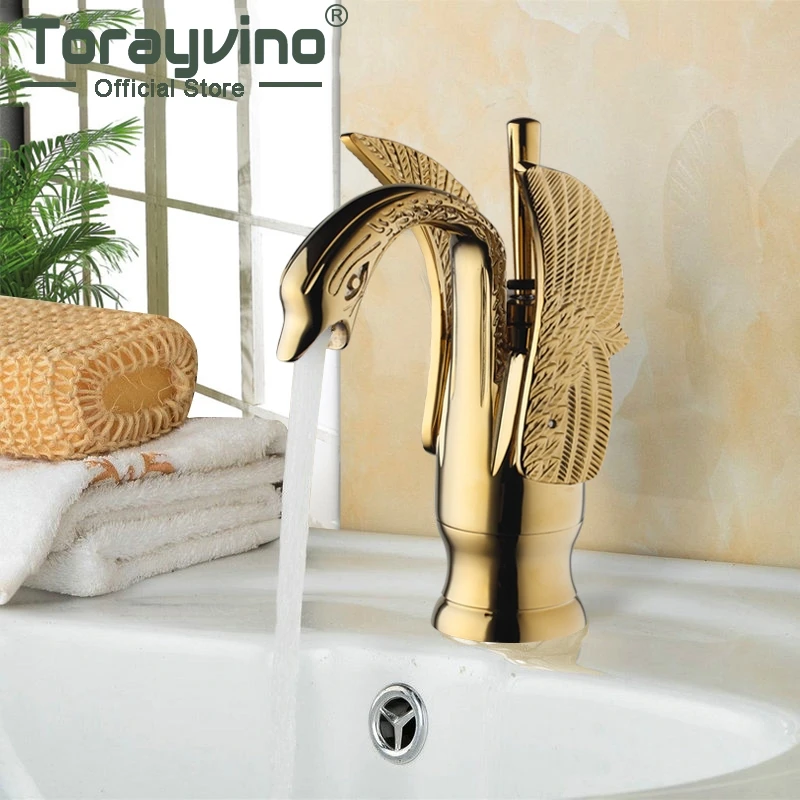 Torayvino Bathroom Faucet Swan Faucets Basin Sink Faucets Luxury Gold Deck Mounted Single Handle Sink Faucets Mixers Water Taps