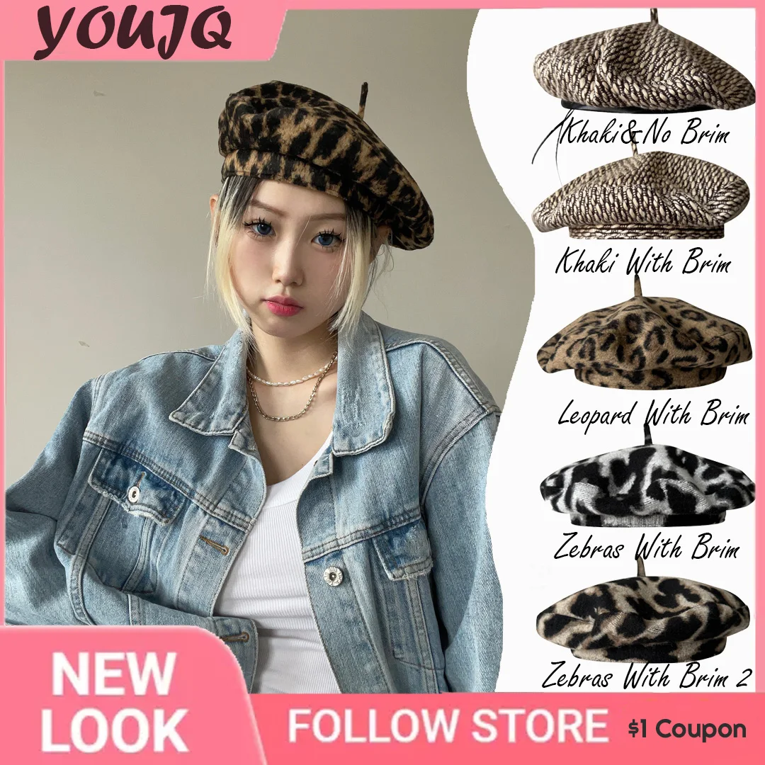 

French Sweet Leopard Beret Octagonal UFO Hats for Women Classic Beanies Cap Flat Brim Artist Berets Female Painter Cap Unisex