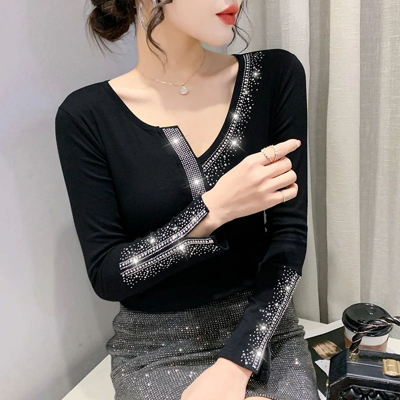 

European Style Girls Kawaii Sexy Nail Bead T-shirt Women Clothing Fashion Woman V-neck top Female Streetwear Clothes BPy917