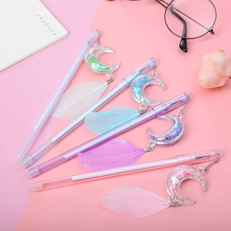 

Wholesale Ins Girl Heart Sequins Feather Moon Pendant Neutral Pencil Student Pendant Creative Stationery Gel Pen