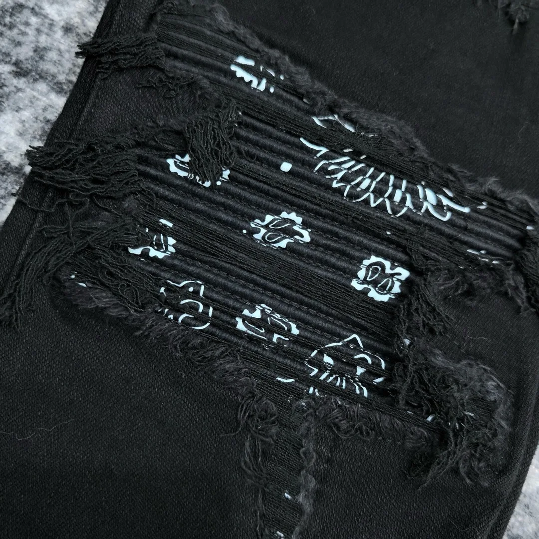 men paisley florals prints leather ribbed patch distressed black jeans 5