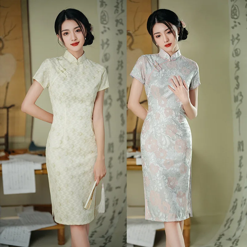 

Summer Short Sleeve Knee-Length Cheongsam Oriental Dress Chinese Women Mandarin Collar Hot Stamping Print Satin Qipao