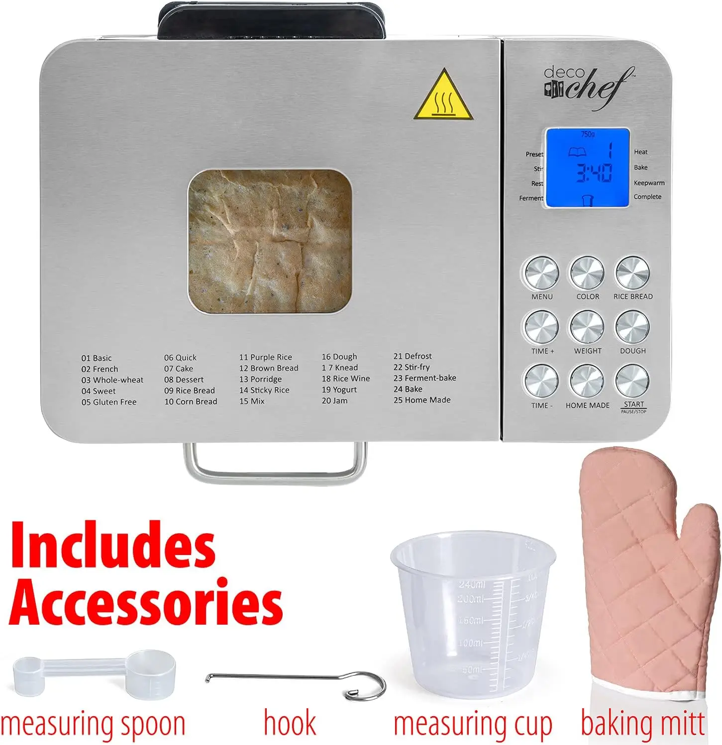 Chef 2 LB Stainless Steel Bread Maker with 25 Smart Cooking Programs and Included Accessories, Measuring Cup