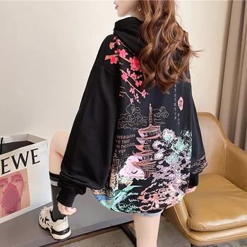 #0119 Black White Harajuku Hoodies Women Loose Casual Vintage Hooded Sweatshirt Chinese Style Women Hoodies Cotton Spring Autumn