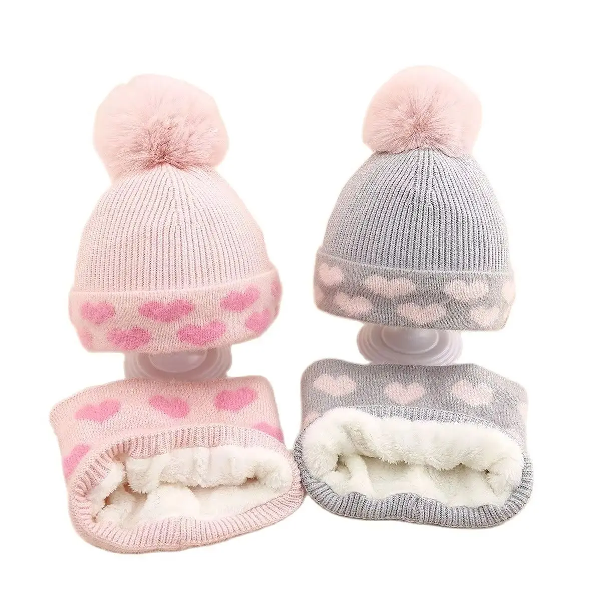 New Love Heart Style Fleece Girls Hat Scarf Set Autumn Winter Thick Velvet Children's Wool Knitted Hat Scarf Set
