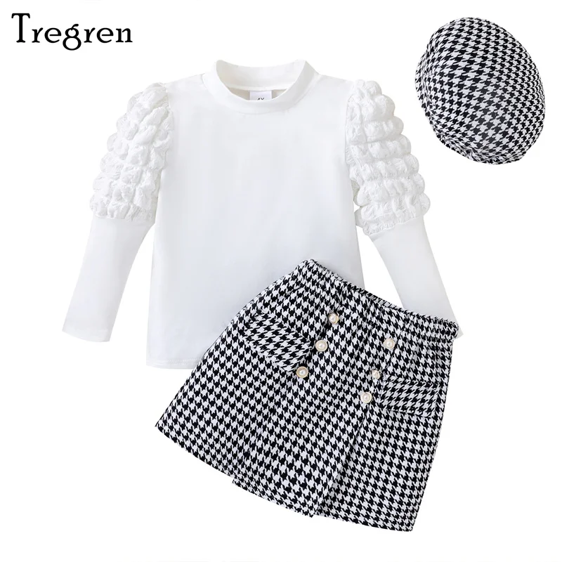 

Tregren Fashion Kid Girl Outfits Fall Long Sleeve Round Neck Tops Houndstooth Skirt Beret 3pcs Clothes Sets For Children 4-7Y