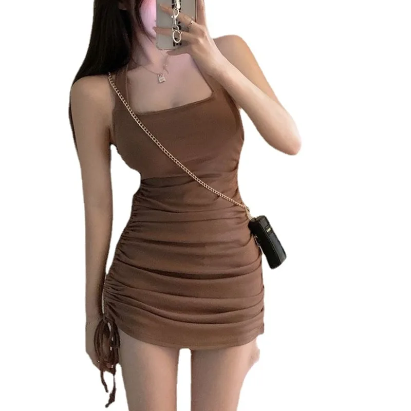 

2024 New French Pure Wind Halter Neck Halter Dress Summer Senior Sense Pull Rope Backless Tight Bag Hip Skirt Bodycon Vestidos