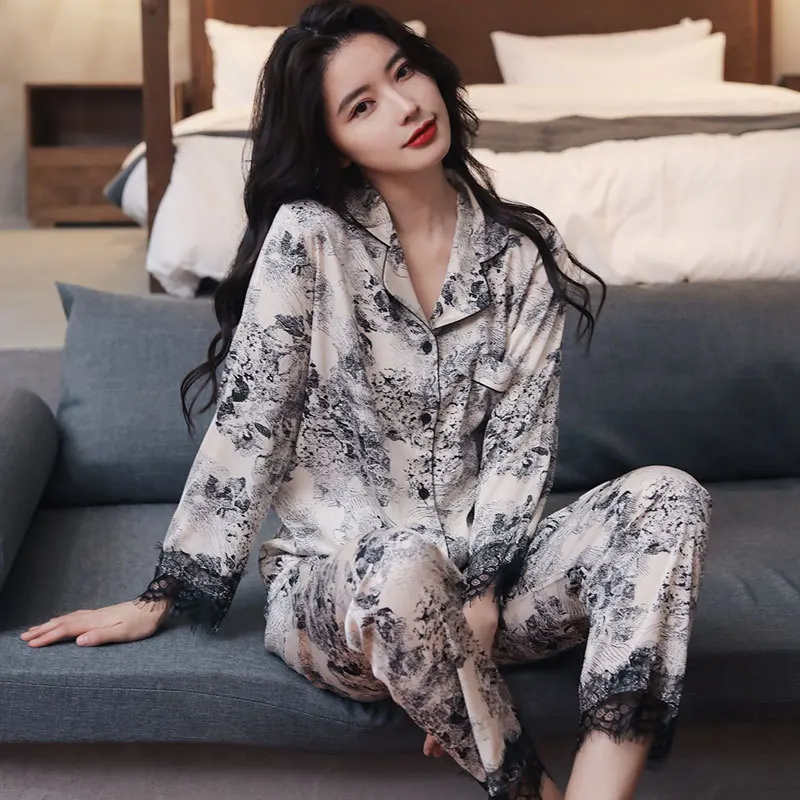 

Пижамный комплект с цветочным принтом, ледяной шелк, Bautiful, пижама для женщин, осень-весна, кардиган, ночные костюмы, одежда для сна, пижама