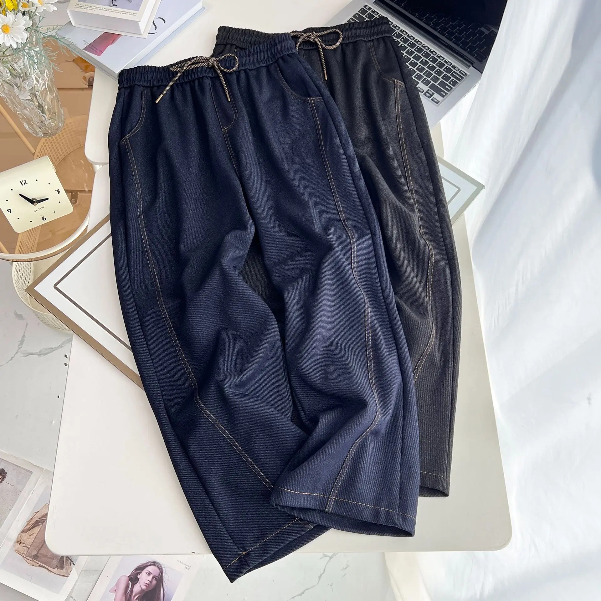 Plus Size Women's Straight Leg Pants Autumn New Style lace-up Hight Waisted Jeans Casual Trousers 386