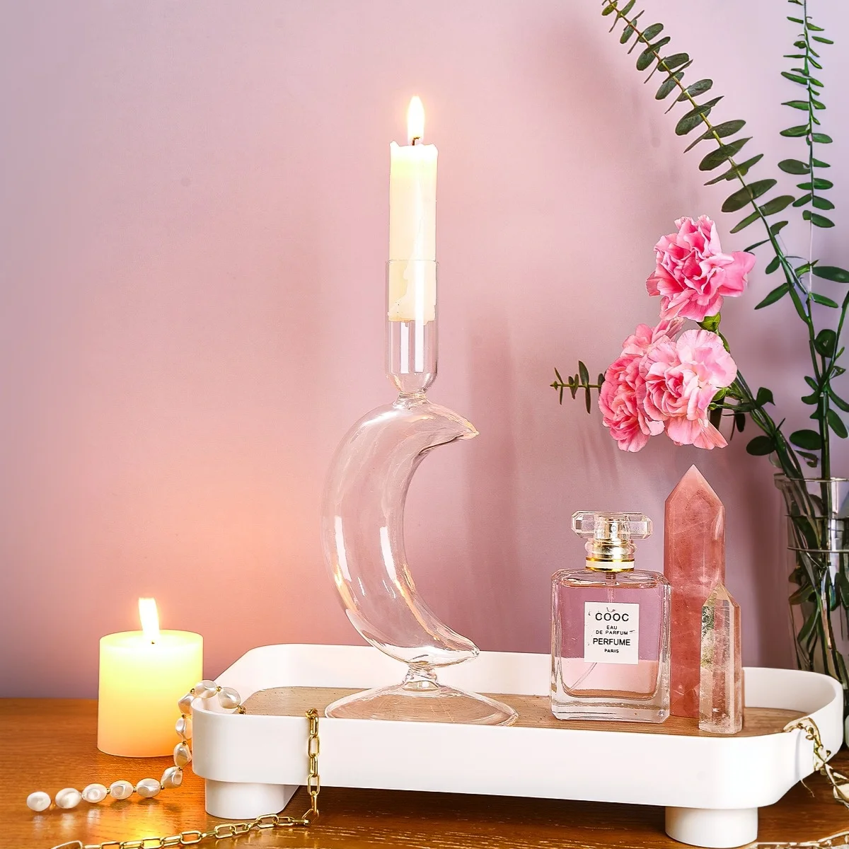 1PC, simple crescent-shaped transparent candlestick, suitable for festival candlesticks, restaurant and hotel decoration