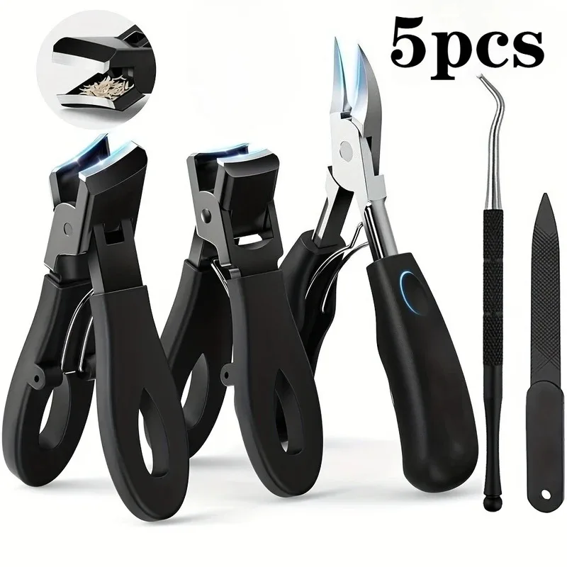 Stainless Steel Toenail Clippers Set 1/3/4/5pcs with Ergonomic Handle Wide Mouth Angled Scissors Nail File Cuticle Tool