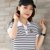 Yellow Striped Short Sleeve Tee T-shirt Woman Black White Polo Neck Shirts for Women Clothing Tops High Quality Polyester Trend - Image 2