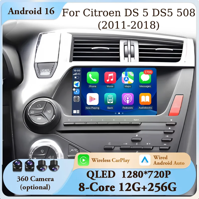 Autoradio Android 16 da 7 Pollici con CarPlay, Android Auto, Bluetooth, WiFi, DSP per Citroen DS 5 DS5 508 2011-2018, GPS, Navigatore, Schermo Touch HD IPS