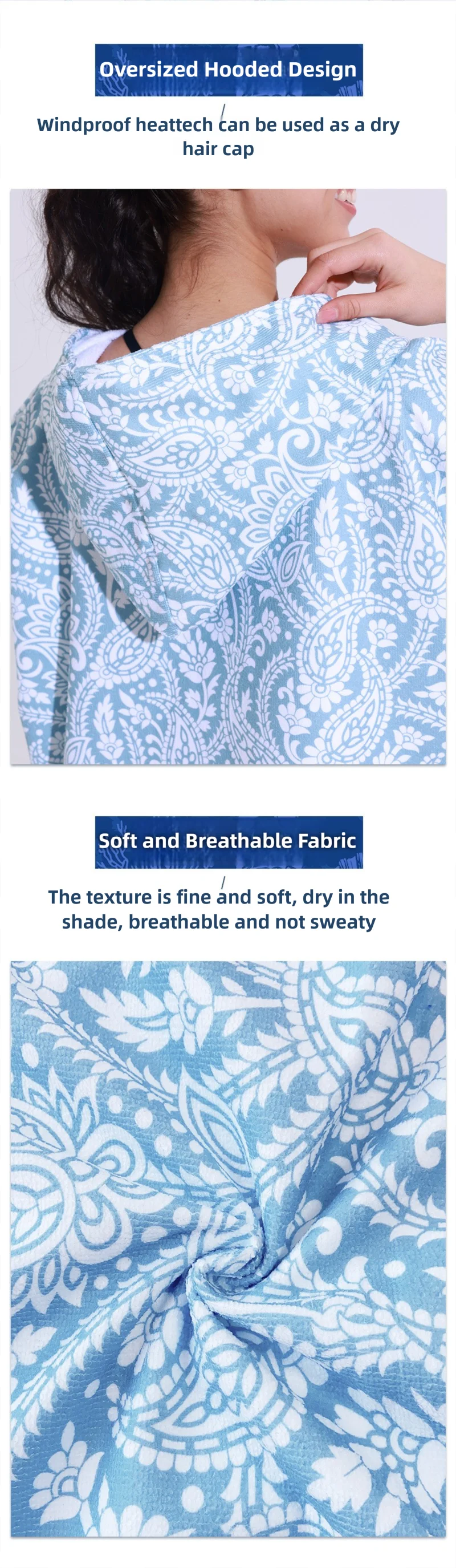 Bademantel im Ethno-Stil, Strandtuch, gewellt, gestreift, schnell trocknend, Badetücher, leichter Kapuzenumhang, Schwimmen, Surfen, Erwachsene, Damen, Herren, Poncho – Detail 3