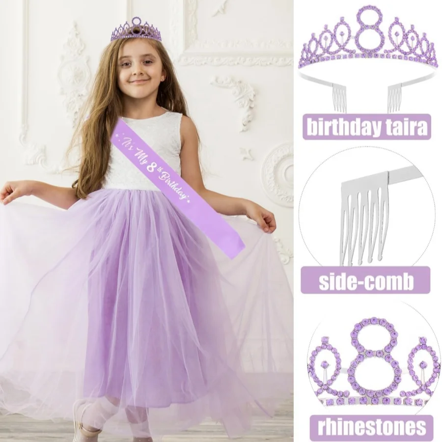 2-teiliges Set Geburtstags-Tiara Krone Schärpe für Frauen und Mädchen, 'Dies ist mein 3., 4., 5., 6., 7., 8., 9., 10. Geburtstag', Party-Dekoration, Geschenke – Detail 9