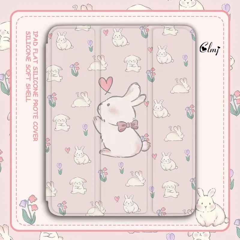 

Clmj Cute Rabbit Flower iPad Case Cover Cartoon Animals Apple Tablet Case For iPad 6th 7th 8th 9th Air 3 4 5 Mini 5 6 Pro 3 4 5