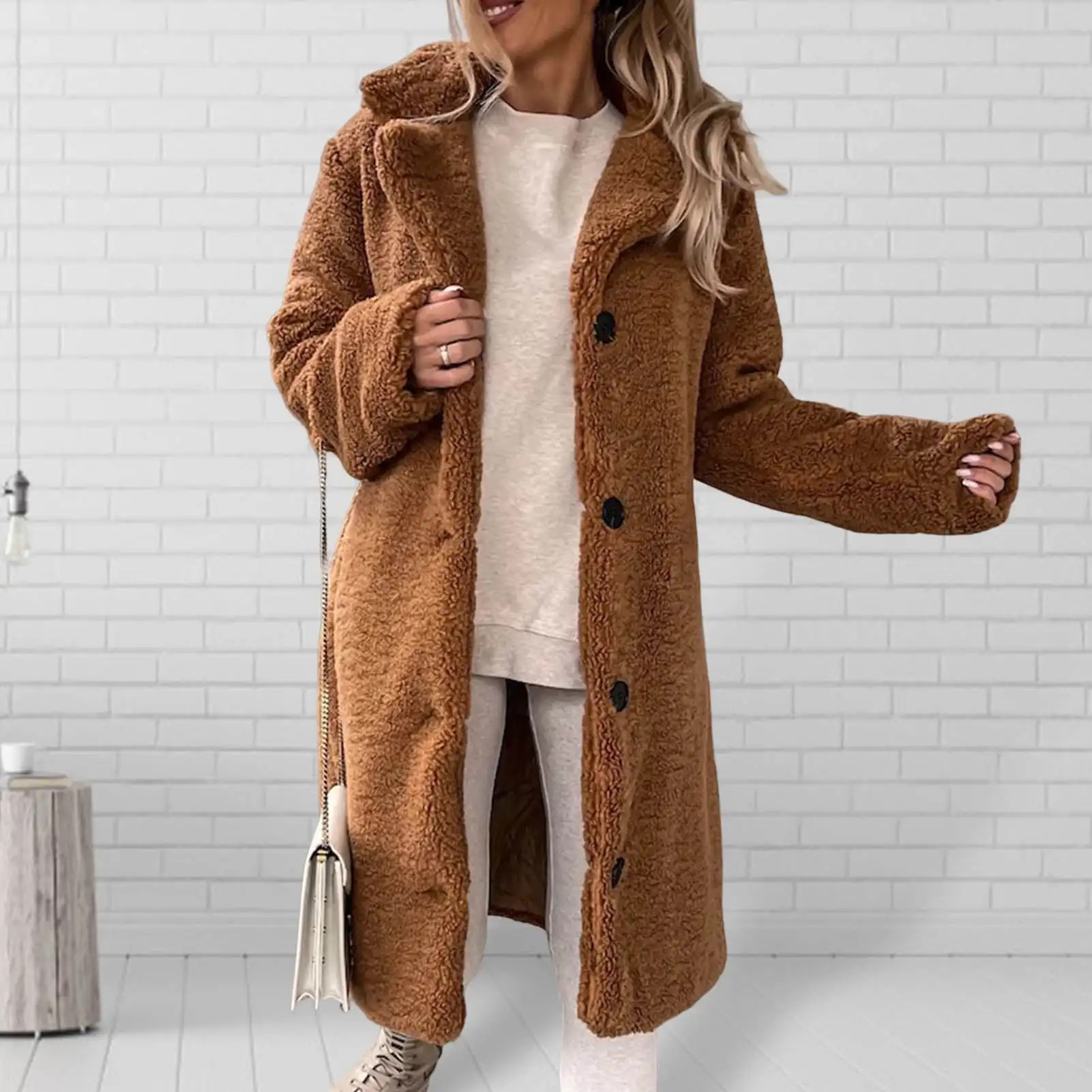 Women Winter Faux Fur Button Coat Warm Loose Teddy Fuzzy Fleece Sherpa Long Sleeve Lapel Jacket Clothes with Pocket