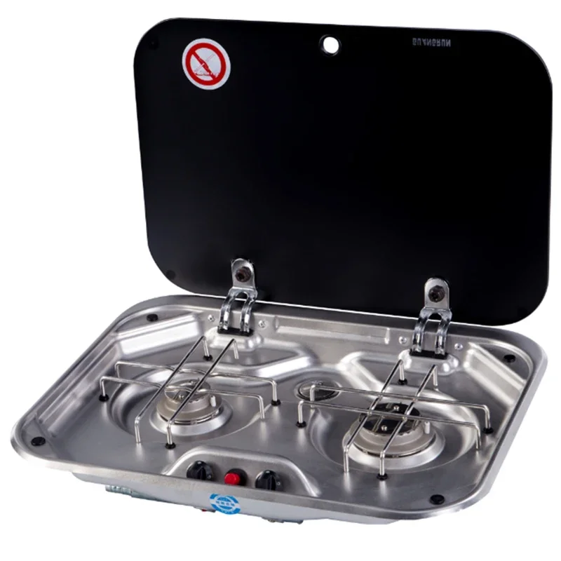 

Outdoor RV Camper Kitchen Stainless Steel Gas Double-headed Stove Tools Tempered Glass Cover 2*1.35KW Camping Car Accessories