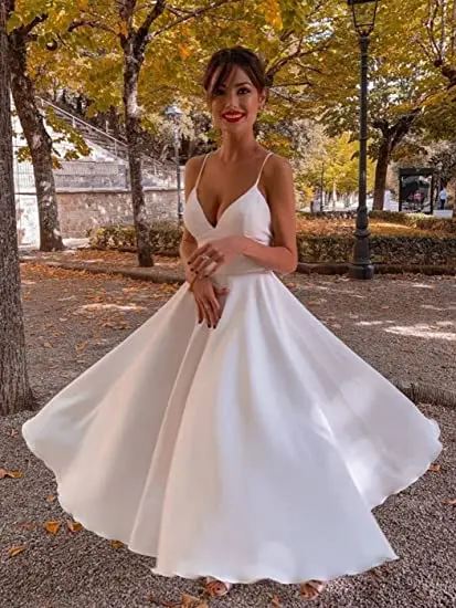 

Women's V-Neck Tea Length Wedding Dresses for Bride Satin Spaghetti Strap A-line Short Wedding Gowns