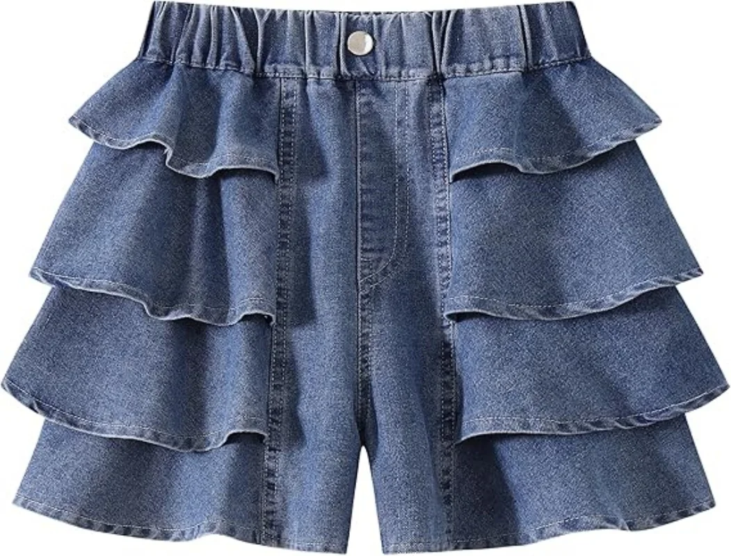 Kids Girls Jean Shorts Loose Fit Soft Cotton Comfy Ruffle Children Pull On Denim Shorts-Ages 4 to 14