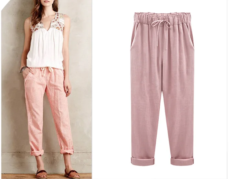 Cotton Linen Pants, Elastic Mid Waist Ankle Length Pant, Casual Women Loose Spring Pants, Female Slacks Size M-5XL 6XL 7XL 8XL_ecoleips.com