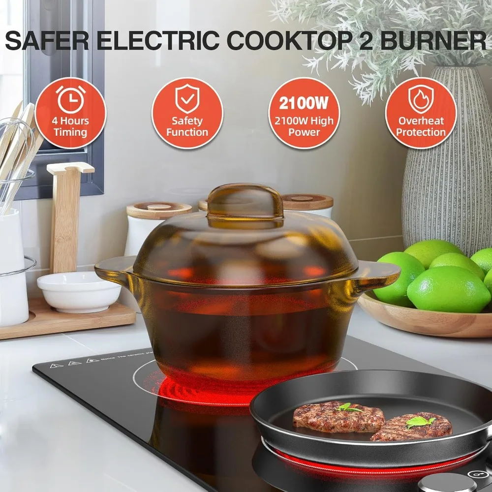 110v Electric Cooktop 2 Burners, 12'' Electric Stove Top with Plug in, Knob Control Countertop & Built-in Ceramic Cooktop