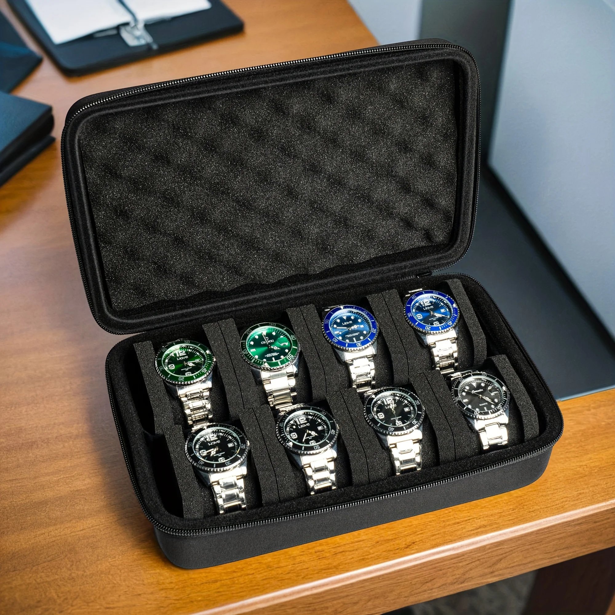 8 Slots Watch Box Organizer/Men Watch Display Storage Case Fits All Wristwatches and Smart Watches up to 42mm