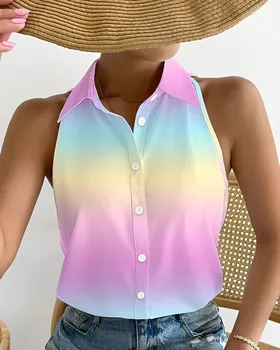Women's Abstract Print Button Down Halter Top with Collar and Front Buttons for Summer Fashion 1