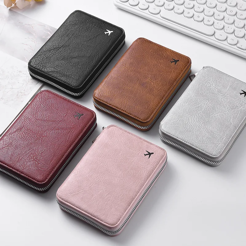 Waterproof Leather Passport Cover with Zipper Multi Pocket Travel Wallet for Credit Cards Tickets Boarding Passes