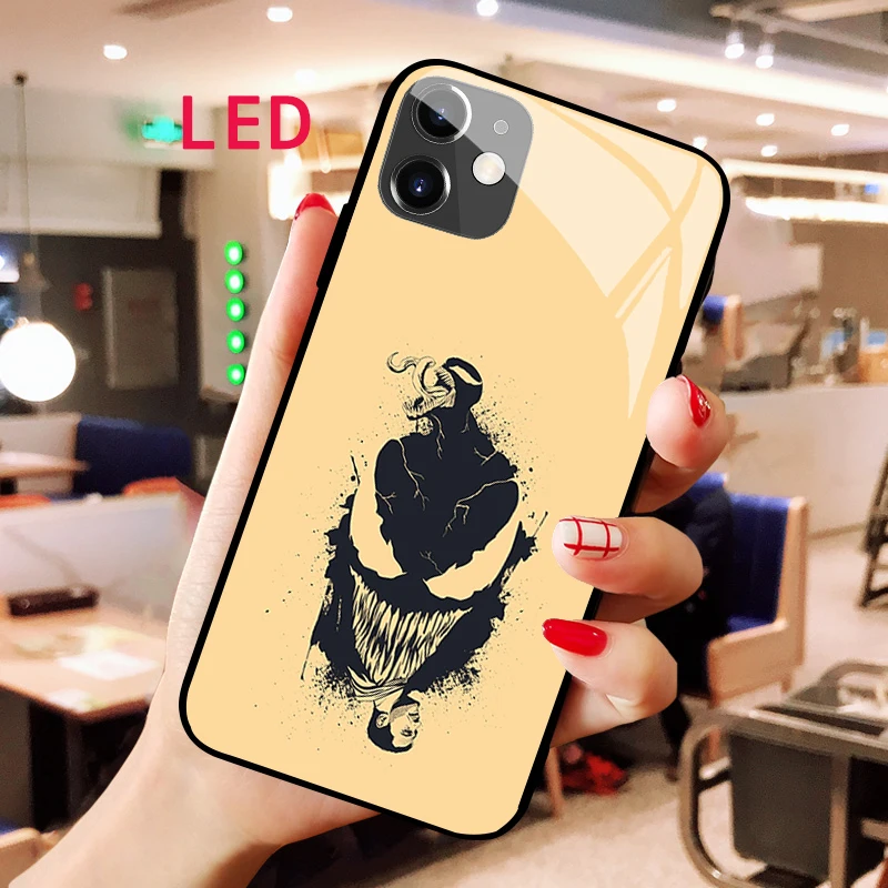 Venom Luminous Tempered Glass phone case For Apple iphone 13 14 Pro Max Puls mini Luxury Fashion RGB LED Backlight new cover pattern printing tempered glass back soft tpu pc shockproof case for oneplus nord ce 5g city