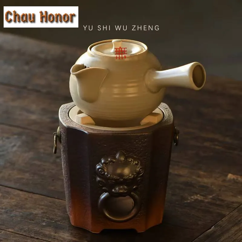 500ml Retro Soda Glaze Teapot Handmade Rough Water Heat-resistant Charcoal Electric Ceramic Stove Side Handle Kettle for Cooking