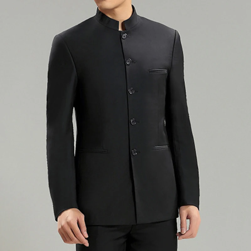 Solid Color Men Black Tunic Suit Jacket Mandarin Collar Single Breasted New Chinese Style Mens Dress Coat Zhongshan Jacket