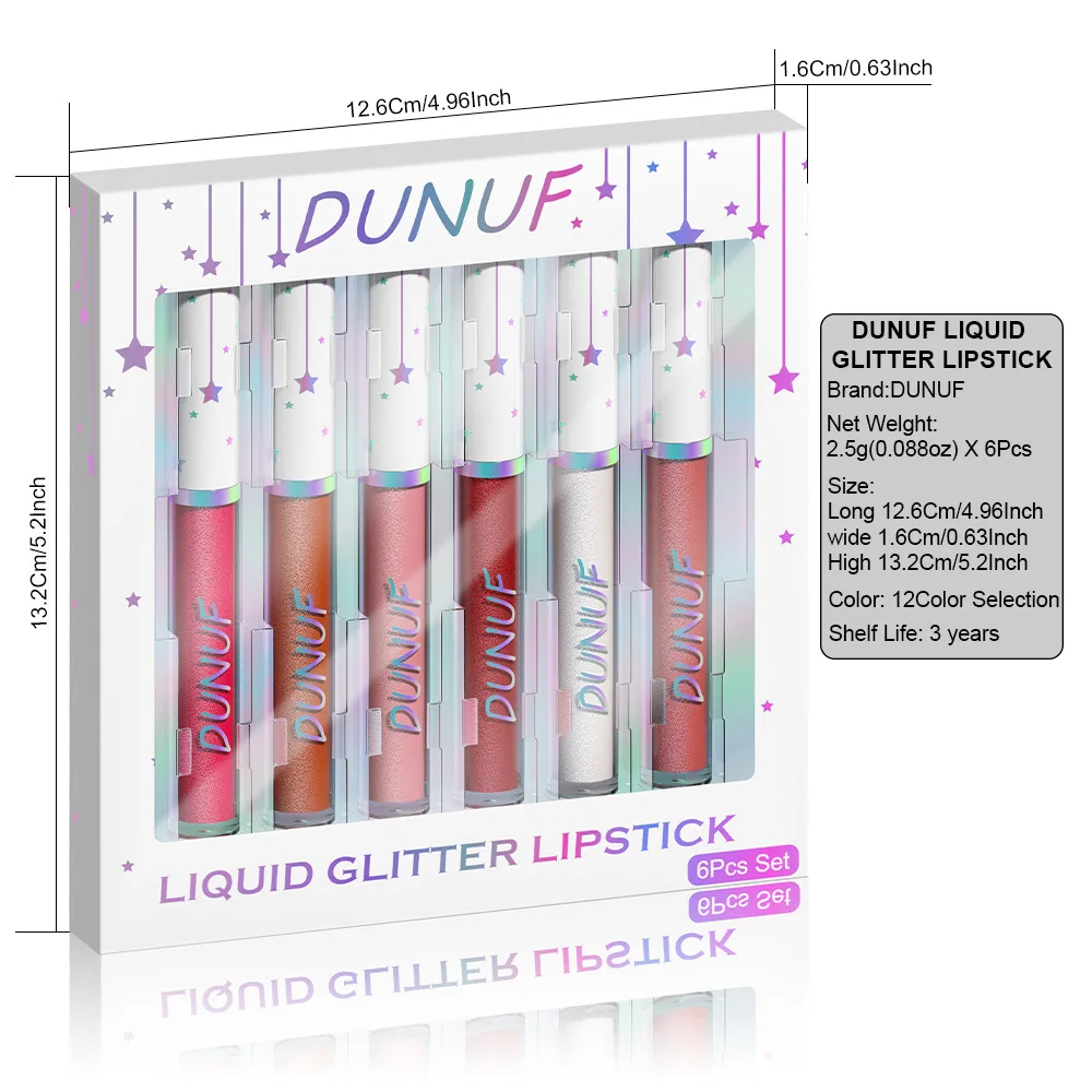 DUNUF 6-Piece Liquid Glitter Lipstick Set - Glossy Finish, Long-Lasting Waterproof Lip Stain in Mixed Color System, Orange, Pink 2