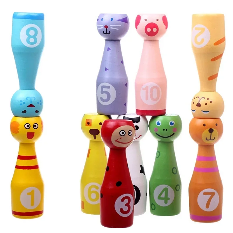 Children Montessori Educational Toy Wooden Animal Bowling Set 10 Pins 3 Balls Bowling