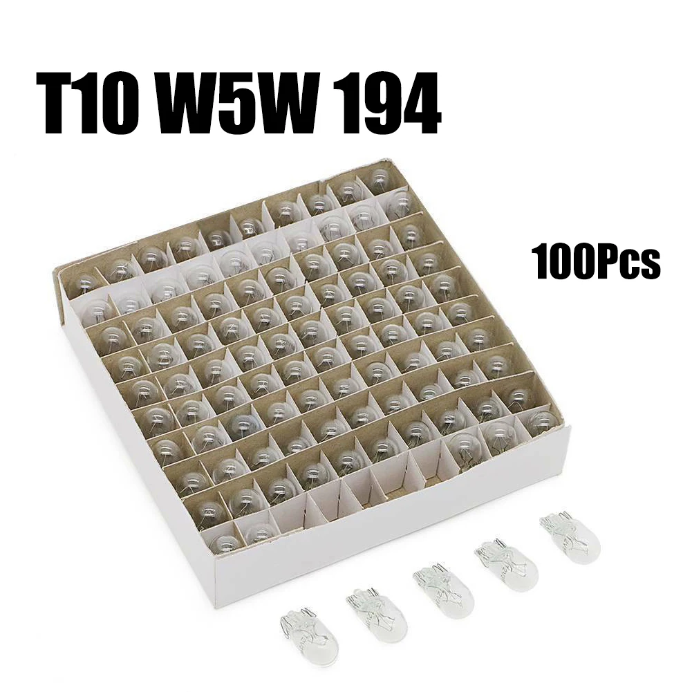 100PCS W5W 194 T10 Car Halogen Light Bulbs 12V 5W Clear Wedge Incandescent Instrument Panel Lamp Brake Lamp Auto Tail Bulb