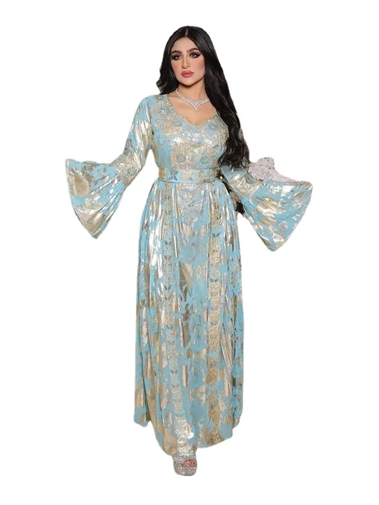 Muslim Dress Dubai Robe Flare Sleeves V Neck High Waist Elegant Middle East Evening Dresses Floor Length Arabic Gowns