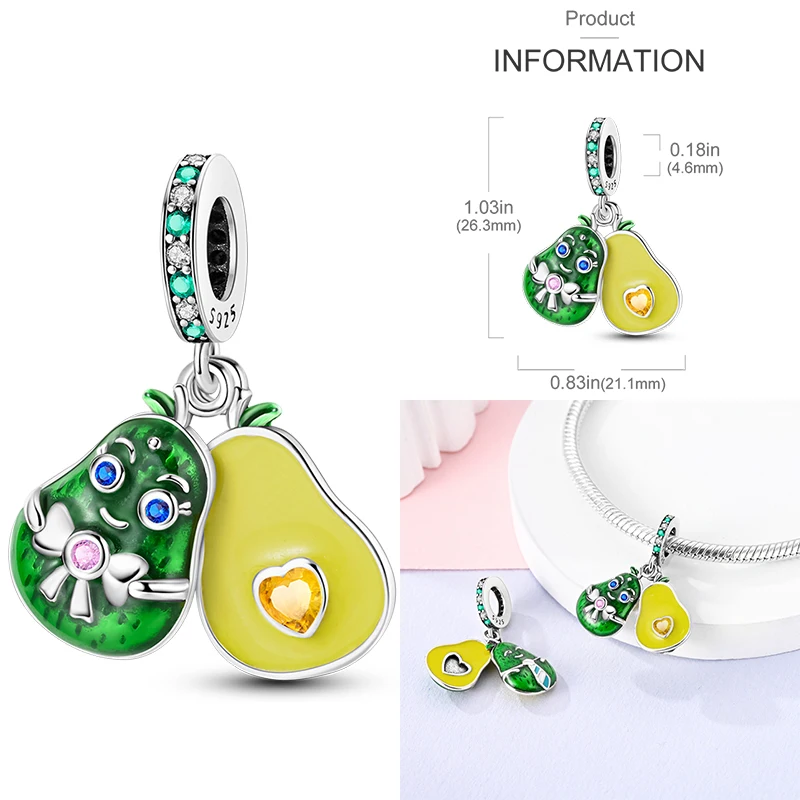 925 Sterling Silver Fruit Green Series Sisters Avocado Cactus Pineapple Strawberry Beads Pendant Charms Fit Bracelet DIY Jewelry 3