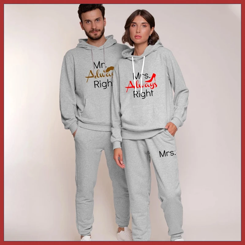 

Спортивный костюм для пар, свитшот с капюшоном и штаны с принтом «Mr Mrs Always Right», одежда для влюбленных, комплект из 2 предметов для мужчин и женщин на весну и осень