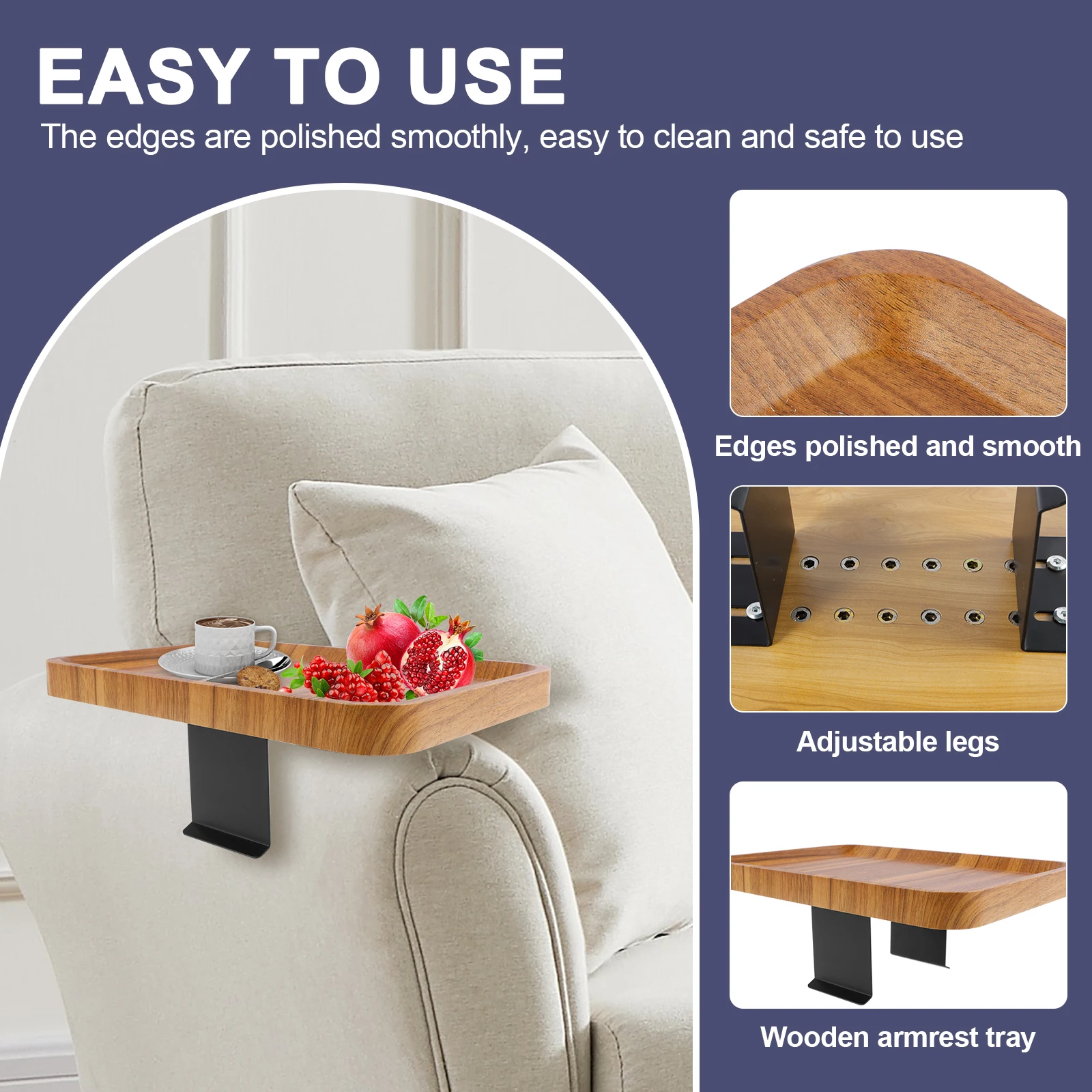 Sofa Armrest Wood Tray 5.5-15cm Width Adjustable Couch Arm Table Multifunctional Arm Chair Table Tray for Drinks Snacks Fruit