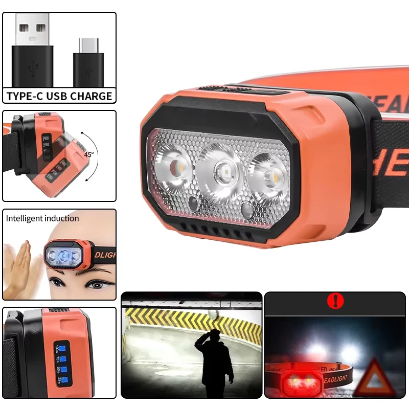 USB 충전식 LED 헤드램프, 6가지 모드를 갖춘 매우 밝은 헤드라이트, USB 충전, 45 °   조절 가능하고, 오래 지속되며, 캠핑, 러닝에 적합합니다.