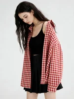 2025 Y2k automne femmes nouveau Vintage rouge Plaid col rabattu sur-chemise à manches longues Streetwear ample Patchwork Harajuku Blouses 5