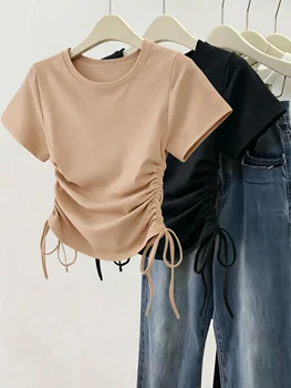 2 Pack Multi-color Women Crew Neck Short Sleeve Double Side Drawstring Ruched Slim Fit Cropped T Shirt 2026 Summer Y2K Solid Cas