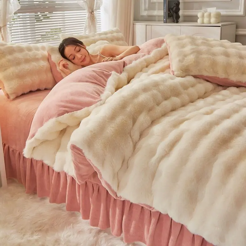 4pcs  Fleece Bedding Set King Queen Size Bed Set Winter Warm Duvet Cover Pillow Cover Bed